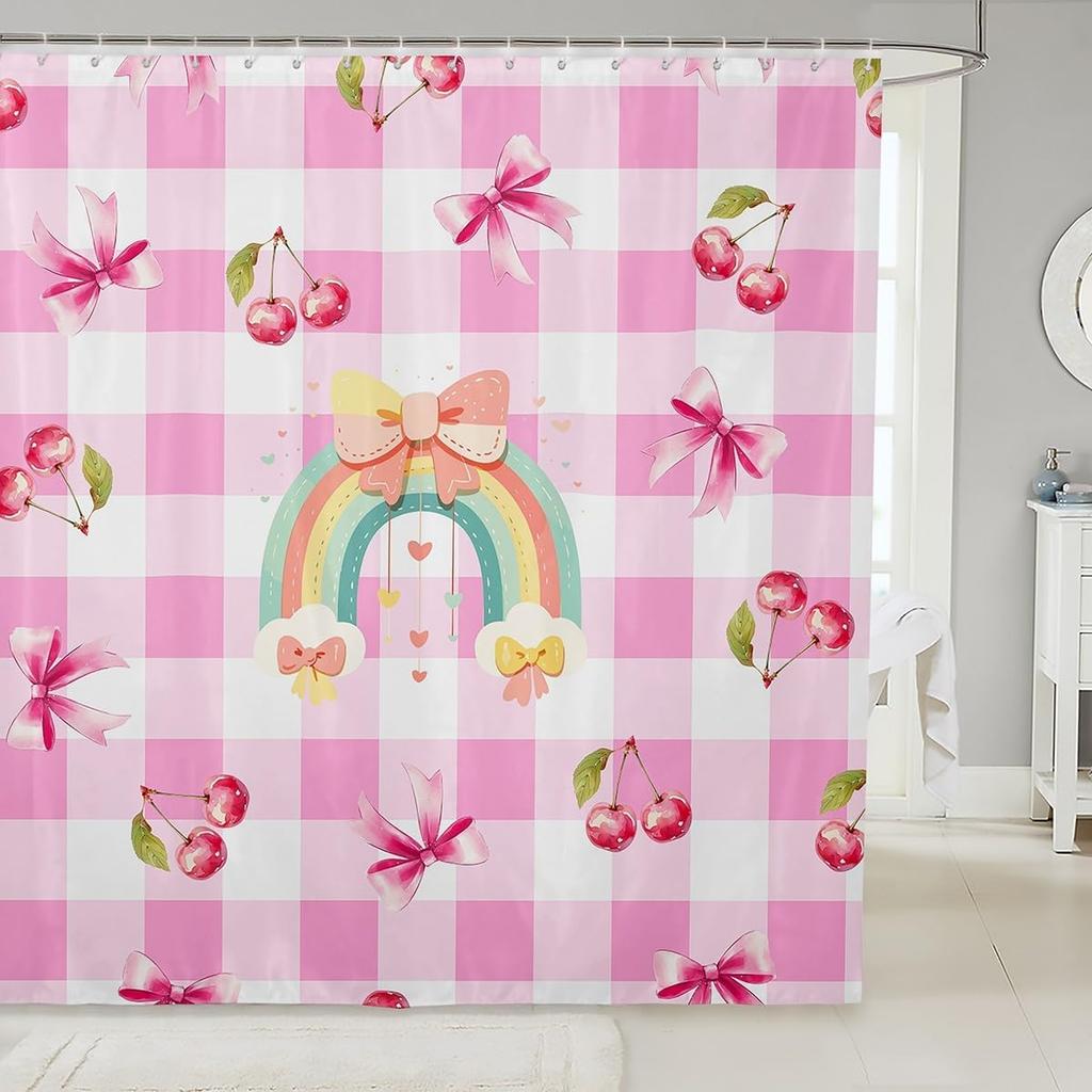 Kids Cherry Bathroom Shower Curtain Set Cherry Pattern Shower Curtain Boys Girls Cute Fruit Bath Curtain for Cartoon Fruit