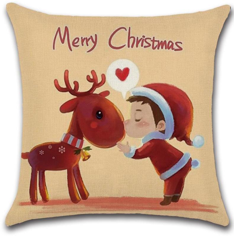 Christmas Deer Cartoon Pattern Throw Pillow Cover With Short Plush Print For Living Room Sofa Decoration Cushion Cover