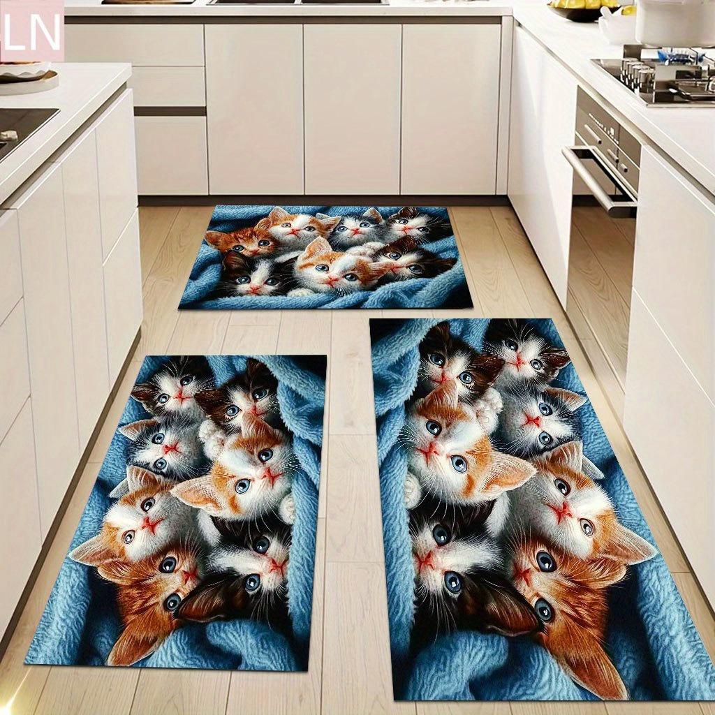 Non-Slip Waterproof Kitchen Mat with Kitten Print - Thick Cushioned Anti-Fatigue Comfort, Heavy Duty, 60cm X 180cm