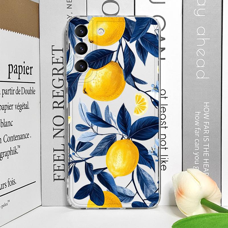 Blue Leaf Yellow Lemon Fresh Printed Clear Phone Case for Samsung Galaxy S26 S25 Ultra S24 S23 S22 Plus S21 FE S20 5G Soft Cover