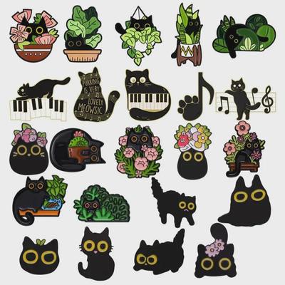 Conjunto de broches de gato preto adorável: Emblemas de metal florais, vegetais, animais e musicais