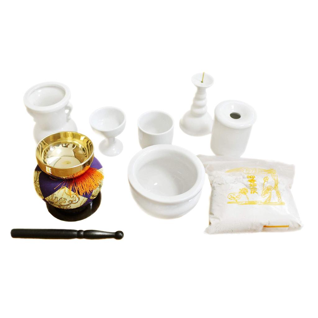 Memorial Kobo Hibiki Buddhist Altar Set (10 Pieces) with Photo Frame, Bell, Dark Brown Base, White