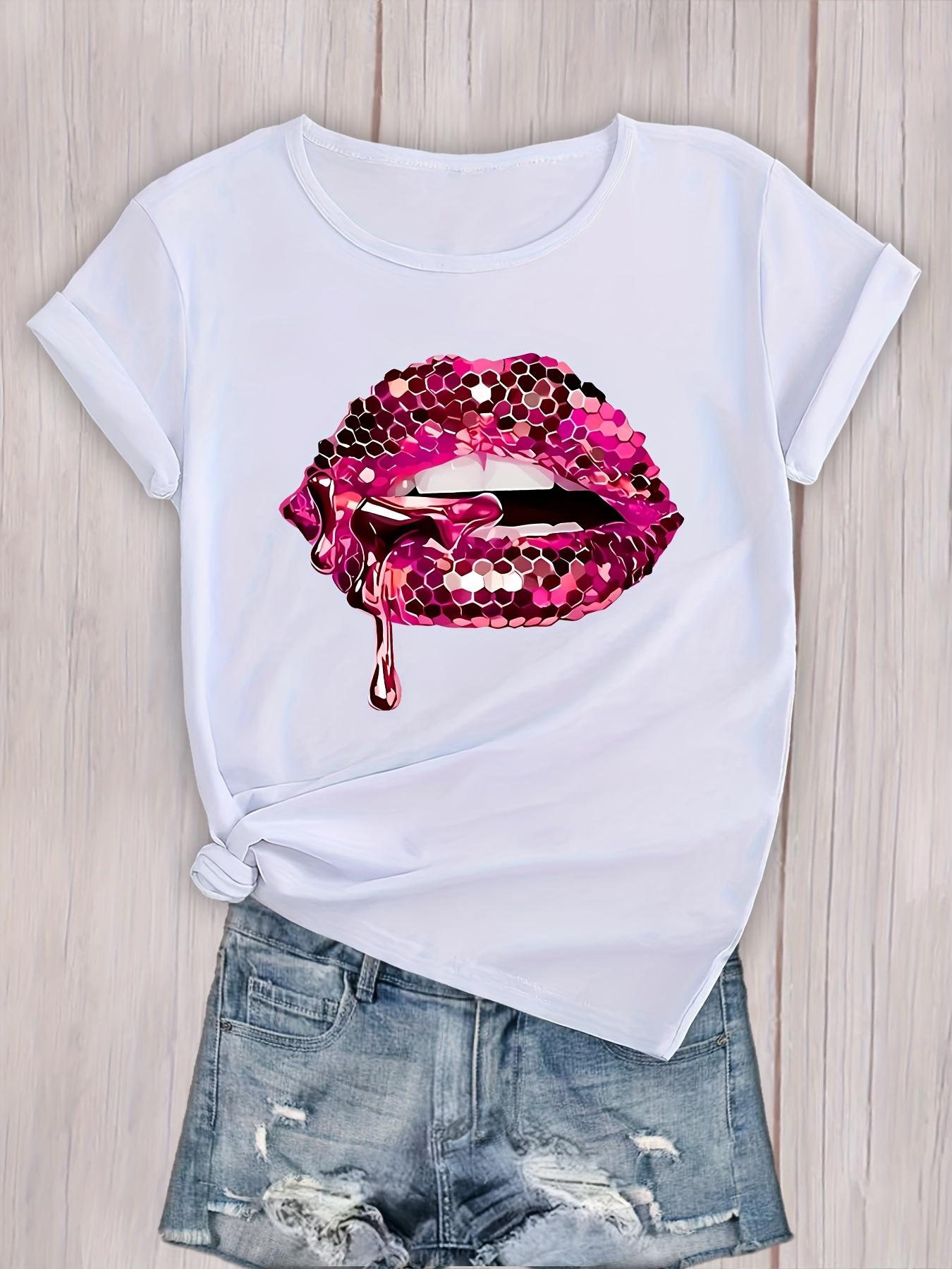 Lips Graphic Sports T-shirt, Short Sleeve Casual Crew Neck Workout Top, Women s Activewear S разноцветный