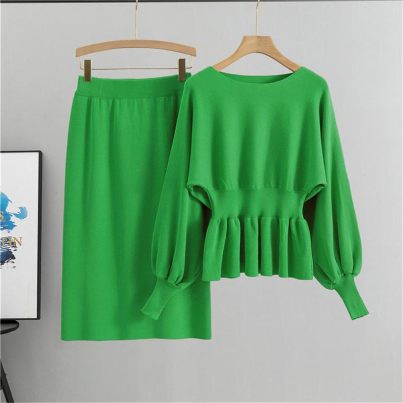 

Spring and Autumn Women s Lantern Long Sleeve Hip Wrapped Half Skirt Two Piece suit Style Temperament Set One Size зелений