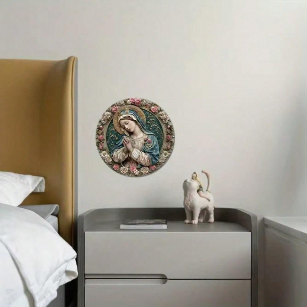 Aluminum Metal Tin Sign Glam Style Mary Themed Round Wall Decor Gift