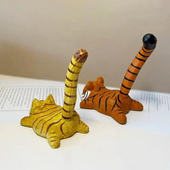 Tiger Cat Desktop Ornament Wooden Phone Stand, Ornament, Cute Artistic Sculpture Animal Holder, Handmade Decor, Creative Gift for Friends Office Desk