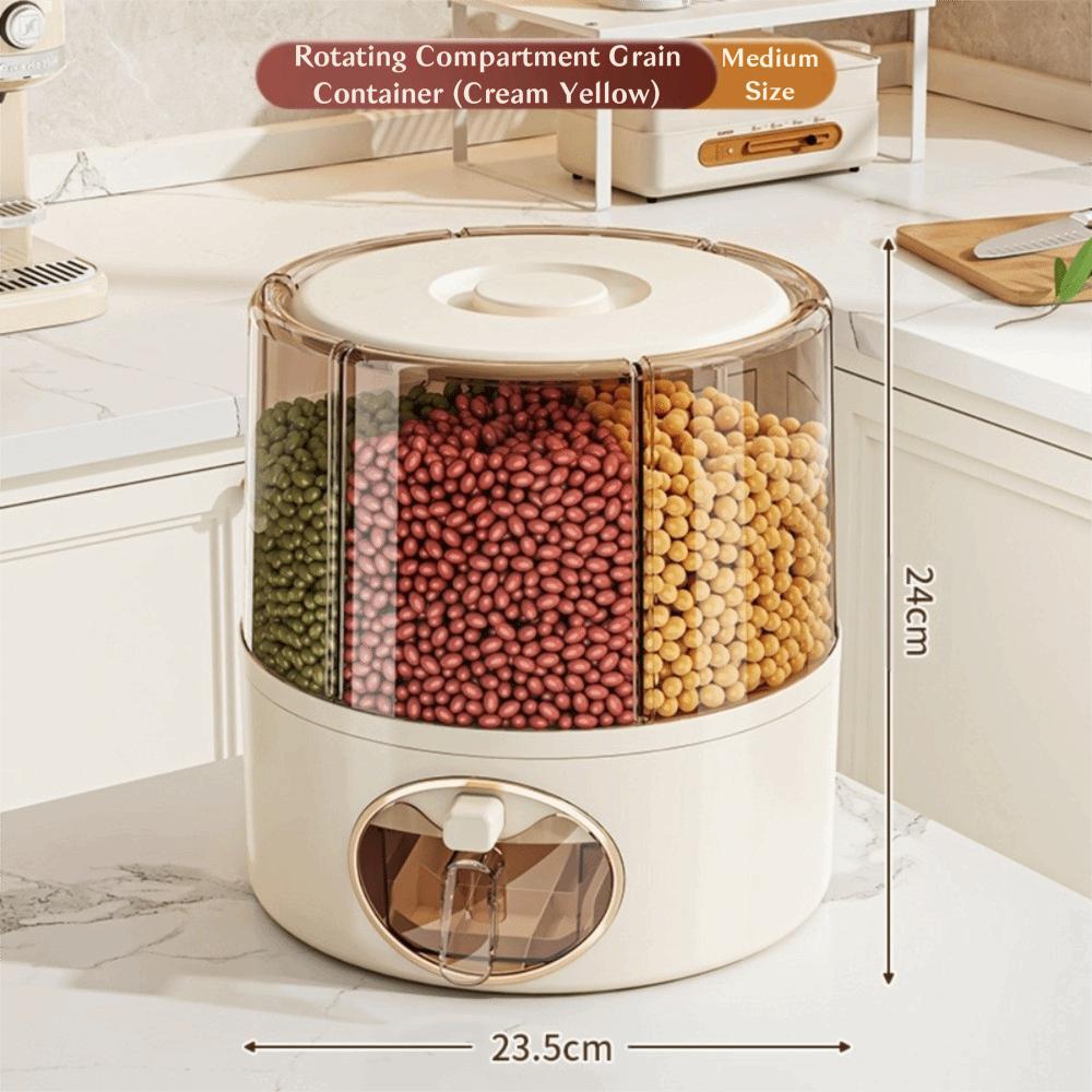 6 Compartment Food Storage Container 360° Rotating Sealed Storage Box Transparent Moisture-Proof Grain Bucket Dispenser