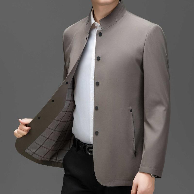 Frühling und Herbst Chinesische Tunikajacke Herren Casual Stehkragen Business Maulbeerseidenjacke mittleren Alters Papa Button-Up-Oberteil