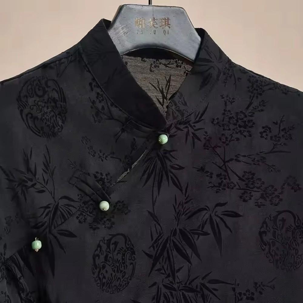 Short Sleeve Cheongsam T-Shirt Jacquard Weave Slanting Lapel Top Summer Outfit