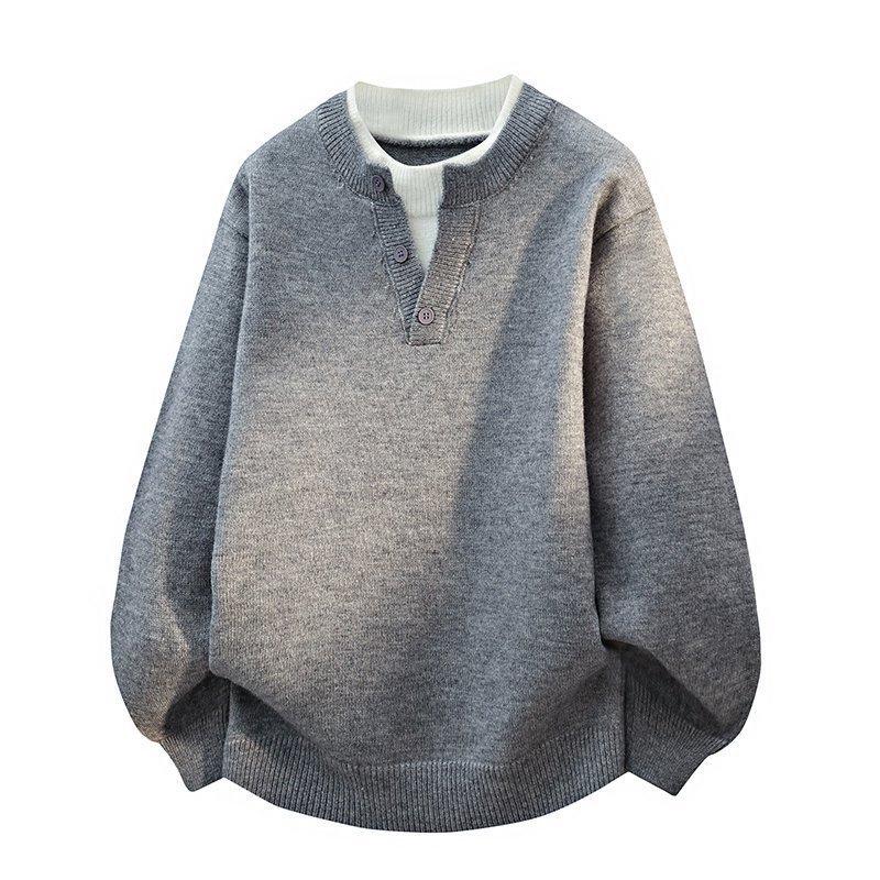 Men's Loose Casual Red Knit Henley Sweater - Autumn/Winter Trend