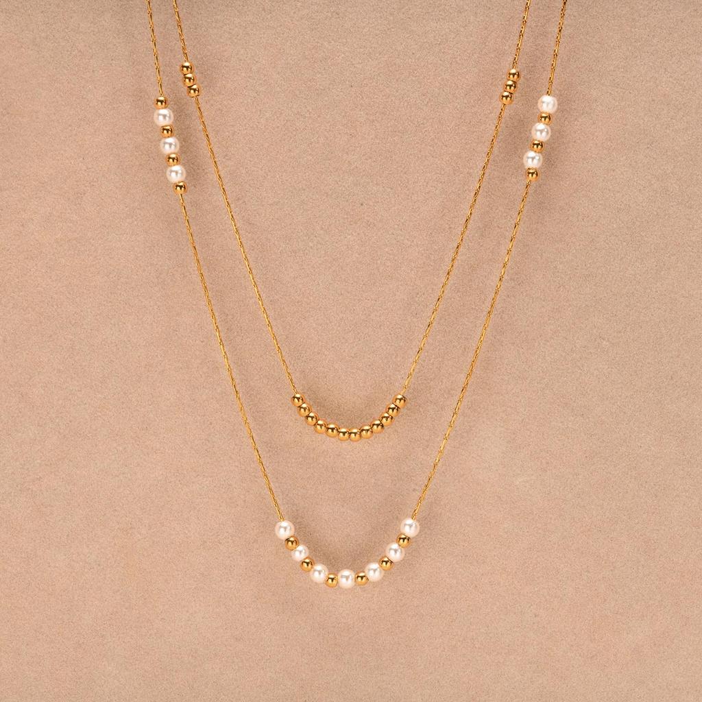 Trend Elegant Imitation Pearl Bead Double Layer Stacking Necklace for Women Stainless Steel Hammer Chain Necklace Jewelry Gift
