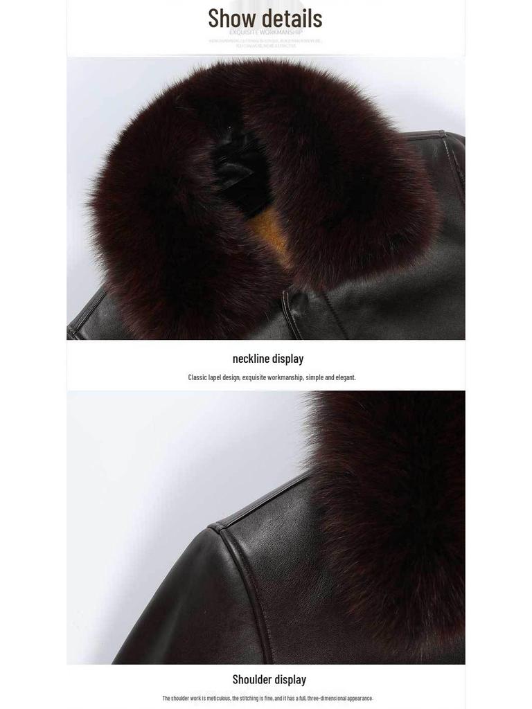 Men's Mid-Length Leather Coat with Fox Fur Collar and Detachable Rabbit Fur Liner – Thick, Warm, Plus Size Jacket for Mid-Aged and Elderly.