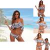Sexy schulterfreier Bikini mit Rüschenkanten und floralen Akzenten Hochwertiges Polyester-Material