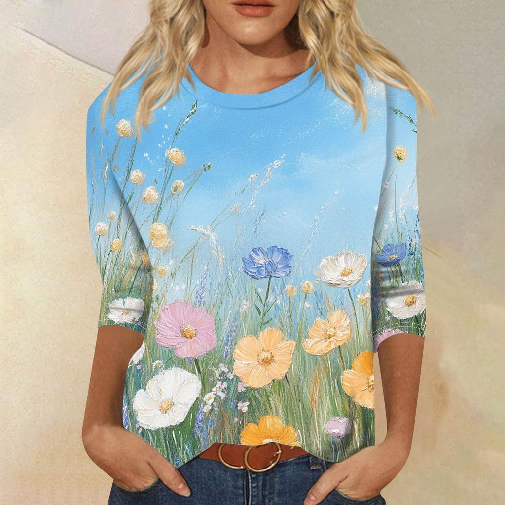 Women's Fashion Casual Seven Sleeve Printed Round Neck T-Shirt Top