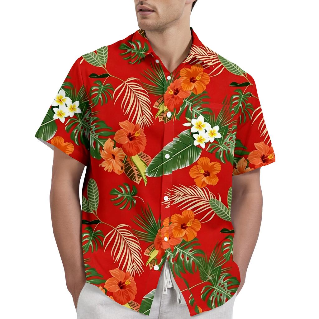 Men's Casual Short Sleeve Button Down Shirt Tropical Floral Leaf Print Lightweight Breathable Fabric Comfortable Fit