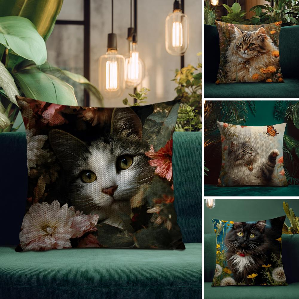 Cat And Flower Fashion Cushion Cover Natural Linen Pillow Case DoubleSided Print Decorative Sofa Pillowcase Home Decor Gift