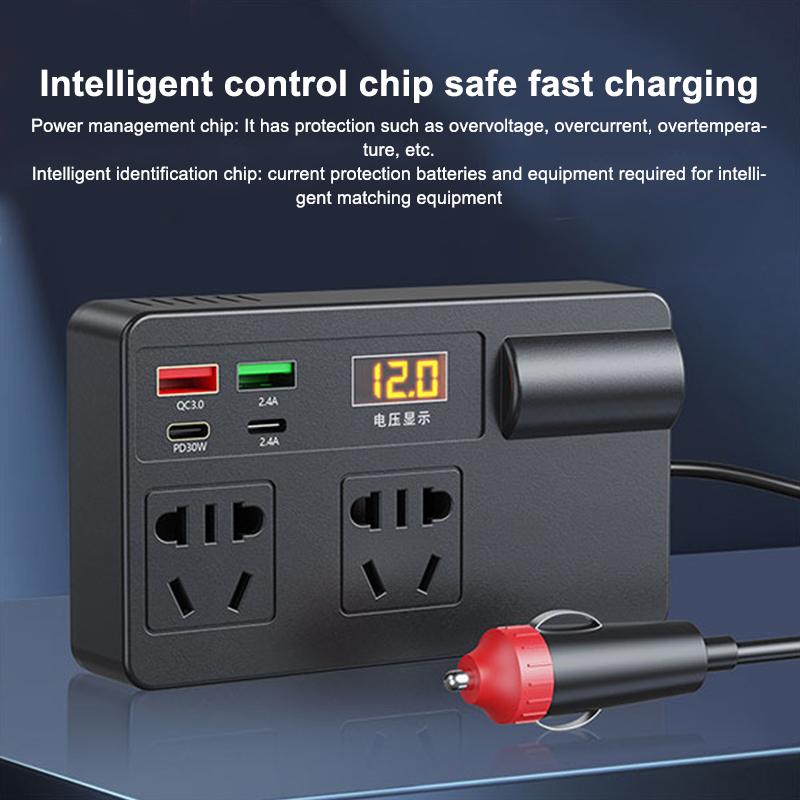 Auto-Wechselrichter 200W DC 12V/24V zu AC 220V Konverter Ein/Aus-Schalter QC 3.0 USB/PD/Type-C Ladegeräte Netzteil Spannungserkennung