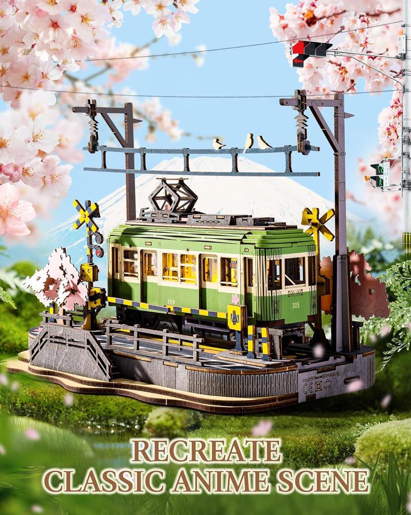 Robotime Sakura Journey Tram 3D Wooden Puzzles Model Car Kits Building Set Creative Gift STEM Toy for Girls Boys 223PCS