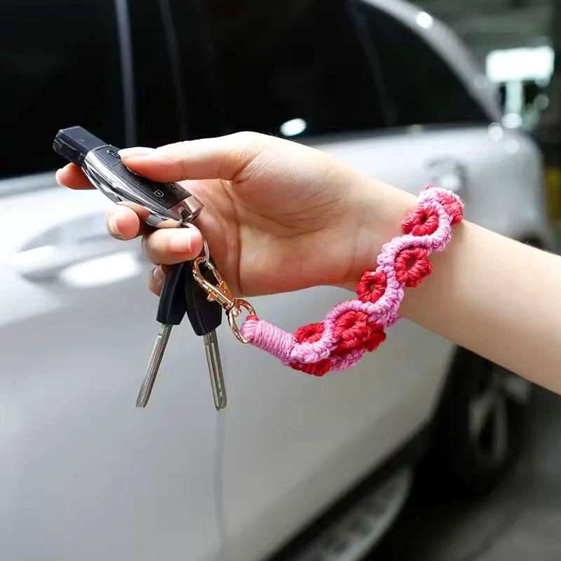 1Pc Bag Decoration Bohemia Knitted Keychain Grace Rose Pendant Prevent Loss Wrist Strap Mobile Phone Lanyard Hand Woven