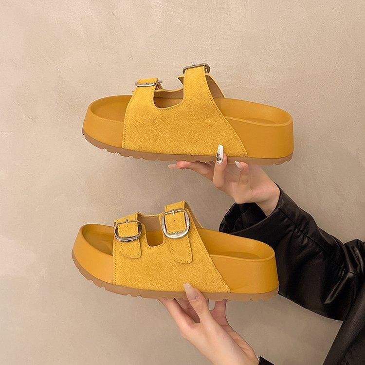 European matte leather one-word belt buckle platform muffin open-toed sandals, beach slippers, Boken women's shoes