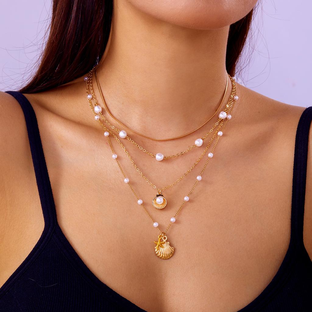 Double Layered Imitation Pearl Starfish Shell Pendant Necklace for Women Ocean Style Summer Beach Jewelry Travel Party Gift