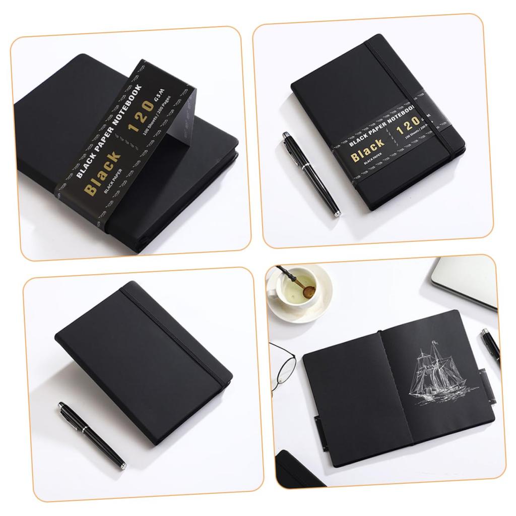 Lurrose 200 leere Notizbücher mit schwarzem Papier, kariertes Notizbuch, Skizzenbuch mit schwarzem Papier, Schulheft, liniertes Notizbuch, Notizbuch zum Notizenmachen, Schwarz