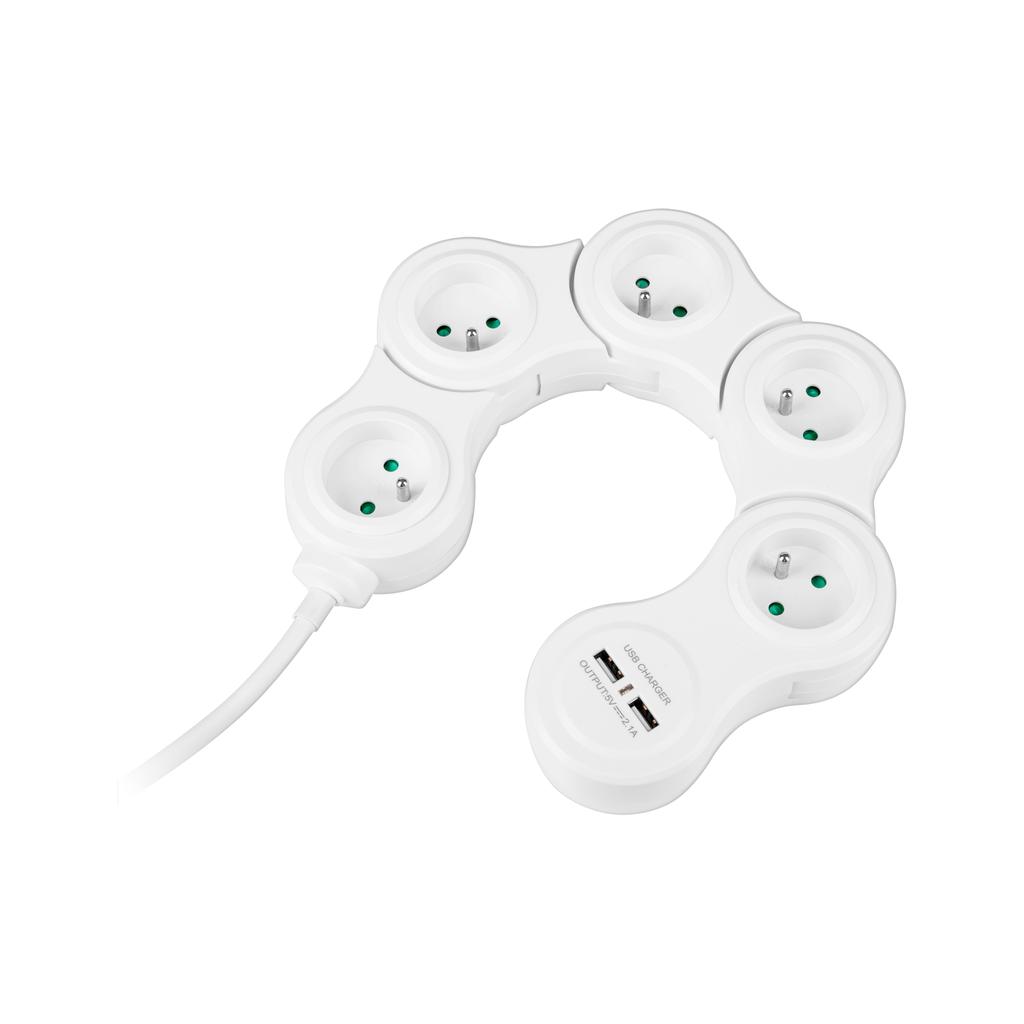 Schlangen-Steckdosenleiste, ausziehbar, 1,5 m, 5 Steckdosen, 2xUSB, Rebel