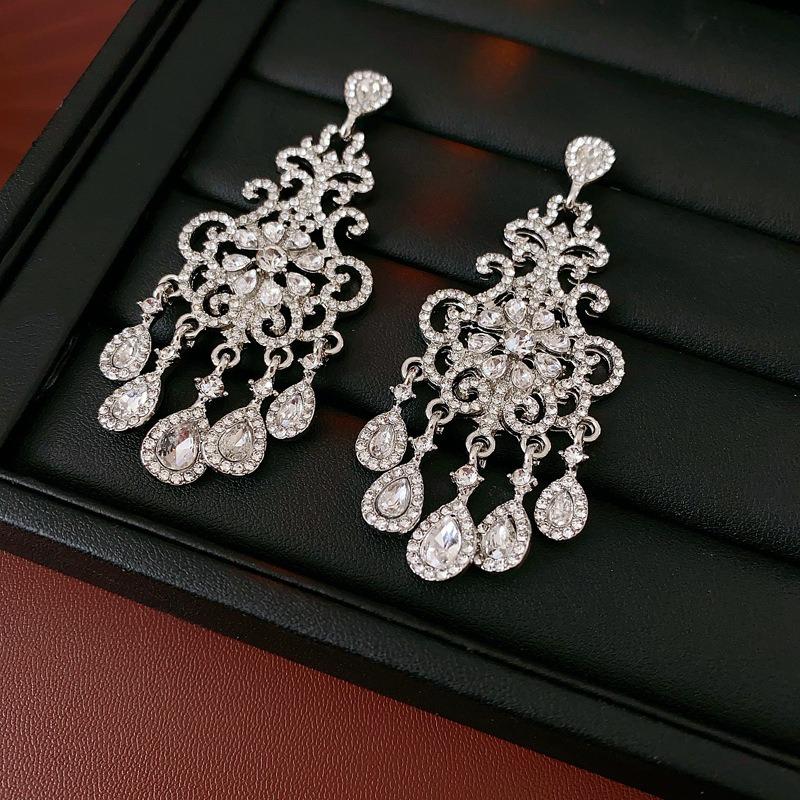 Silver Needle Diamond Flower Water Drop Tassel Earrings Exaggerated Earrings Light Luxury Premium Earrings Women