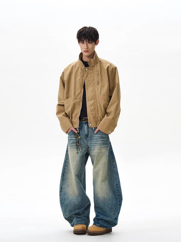 Unisex American Retro Canvas Bomber Jacket - Washed & Distressed Stand-Up Collar