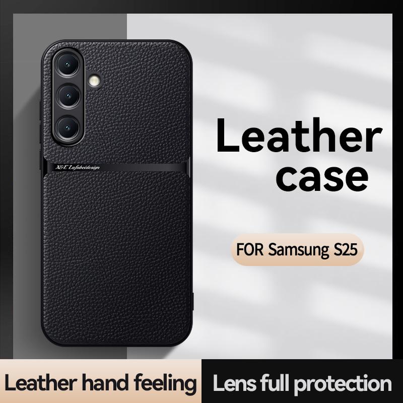 For Samsung Galaxy S25 S25 Plus S25 Ultra Leather Texture Built-in Magnetic TPU Soft Edge Anti-drop Anti-fingerprint Phone Case