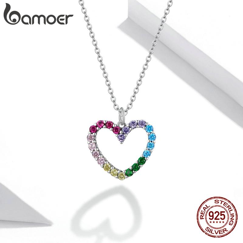 

BAMOER Стерлингового Серебра 925 пробы Радужный Красочный Сердце Узор Любовь Ослепительный Циркон Ожерелье Звено Цепи для Женщин Ювелирные Изделия 925 silver