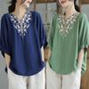 JoccKorr Short Cotton Linen Embroidered Floral Loose Cute for Everyday Women's T-Shirt, Pullover, V-Neck Blouse, Sleeve, Shirt, Print, Fit, Casual,