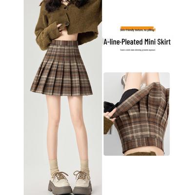 Koreanischer Stil Woll Karom Falten Minirock für Damen - Hoher Bund A-Linie Schlankmachendes Design