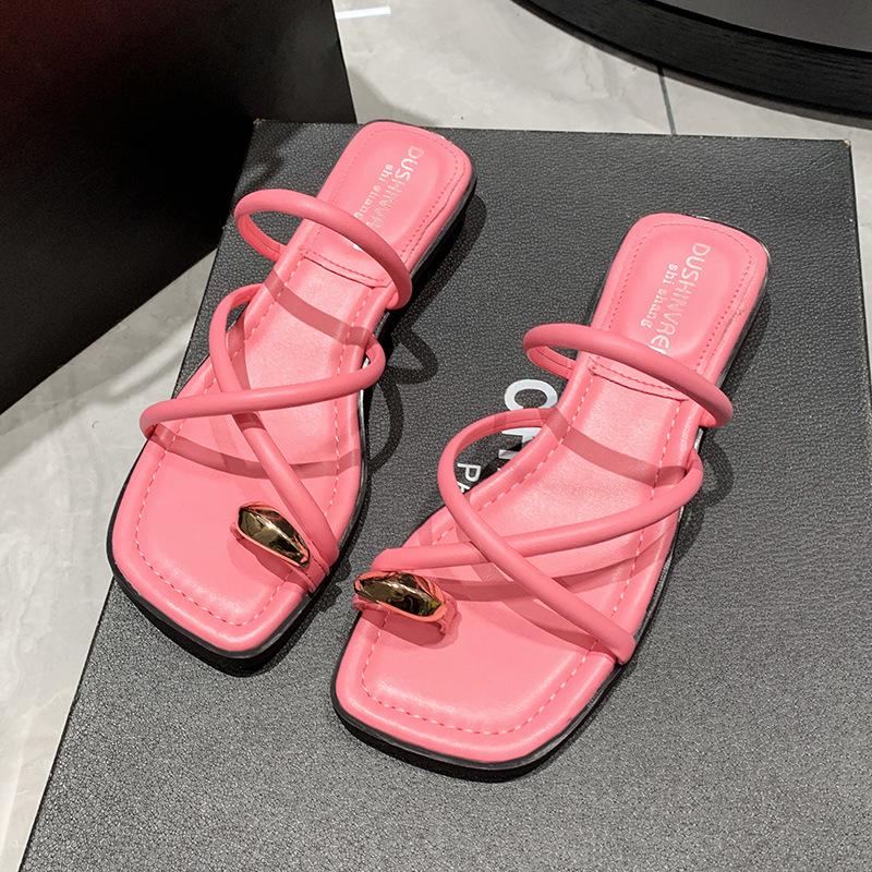 Outer Cover Toe Slippers Women's Summer New Fashion Versatile Thick Bottom Cross Belt Low Heel Beach Sandals