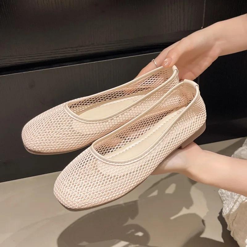 Fashion Mesh Mary Jane Shoes for Women 2025 Spring New Niche Round Toe Shallow Mouth Flat Ballet Shoes Women Sandals