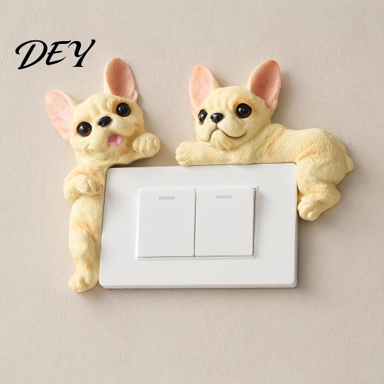 Cute Frenchie Room Decor 3D French Bulldog Resin Light Switch Cover, Cartoon Dog Wall Socket Art Decal Decor, Self-Adhesive Animal Plate Sticker