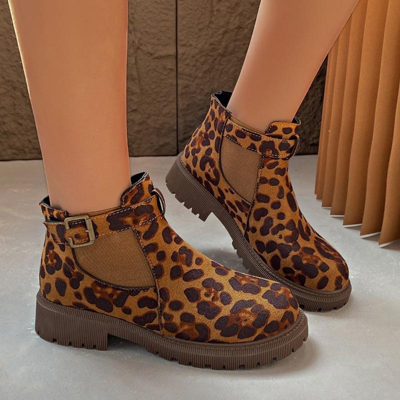 Large size fashion new leopard print short tube suede middle heel elastic mouth women's fashion Martin boots
