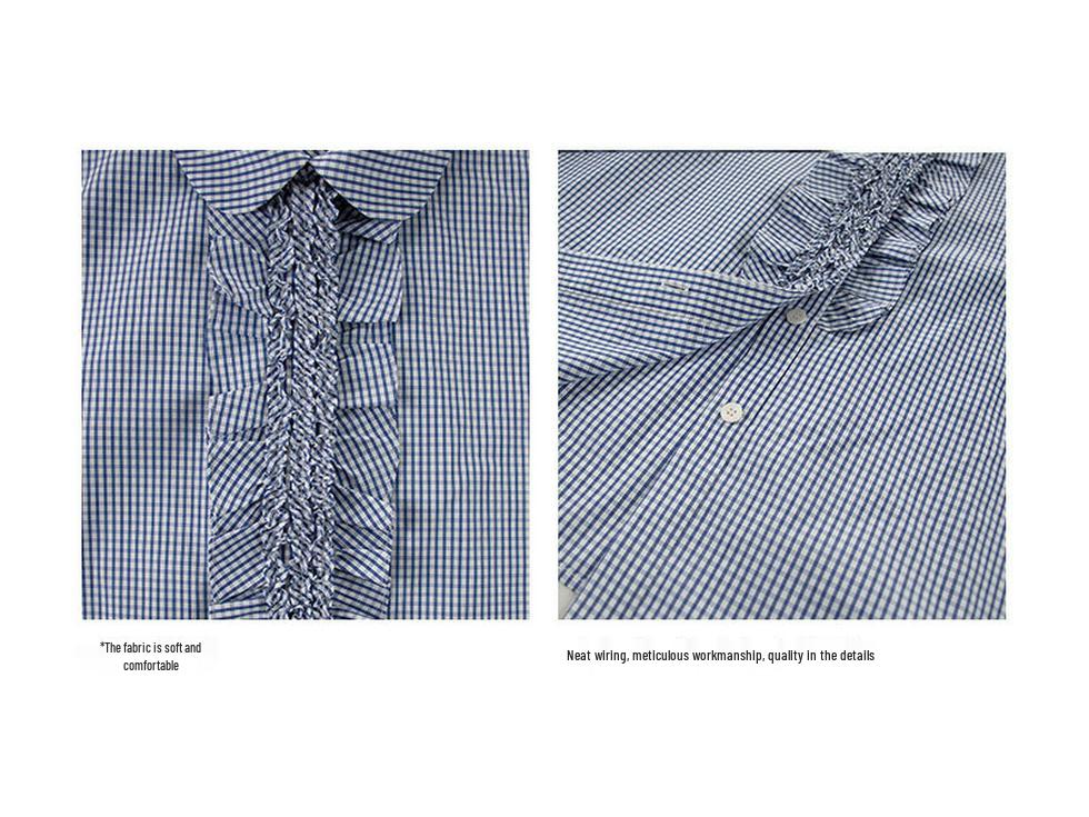 Korean Retro Plaid Women's Loose Long Sleeve Pleated Lace Shirt