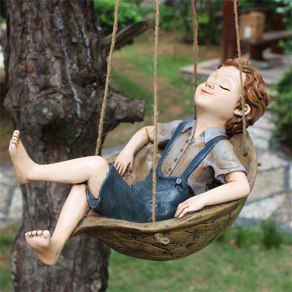 Swing Boy Statue Leisurely Atmosphere Garden Resin Sculpture Ornament for Home Office Desktop Living Room Book