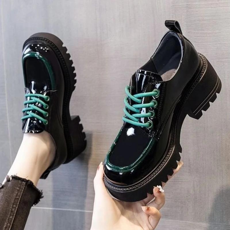Women Height Increasing Lace Up Leather Shoes Spring British Style Casual Versatile Thick Sole High Heel Loafers New Arrival