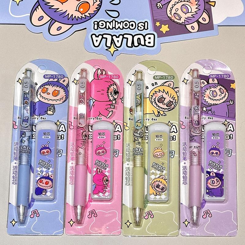 Cartoon Cute Labubu Automatic Pencil Refill Set Kawaii Student Pressing Mechanical Pencil Student Stationery Children Gifts