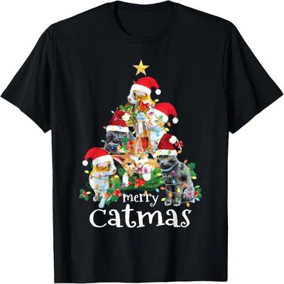 Merry Catmas Cat Mom Cat Dad  Christmas Tree Cat T-Shirt