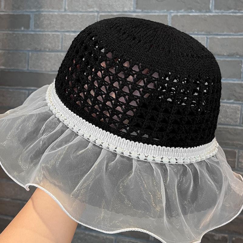 Women's Summer Large Brim Sun Hat Elegant Beads Lace Ruffle Trim Beach Sunshade Caps Hollow Out Breathable UV Protection Hats
