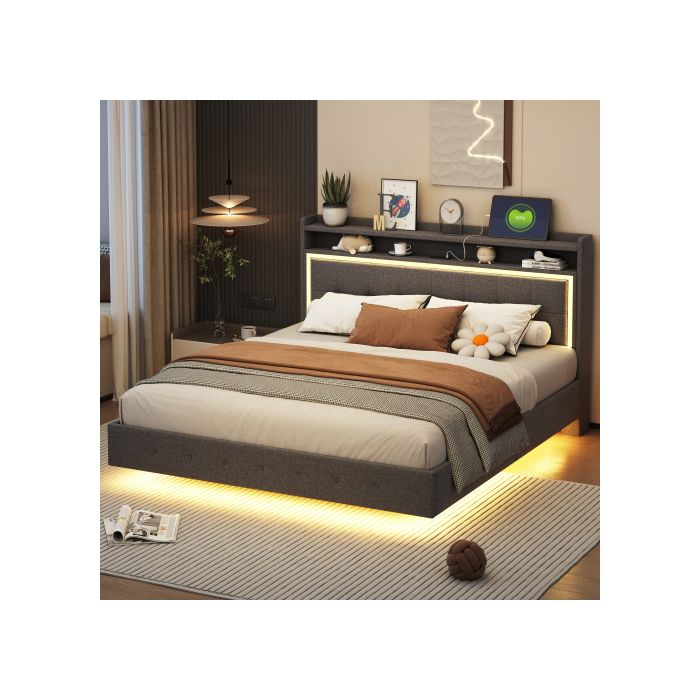 Lit rembourré - MUVOE - 160x200 cm - Prise USB - Éclairage LED - Tissu lin gris