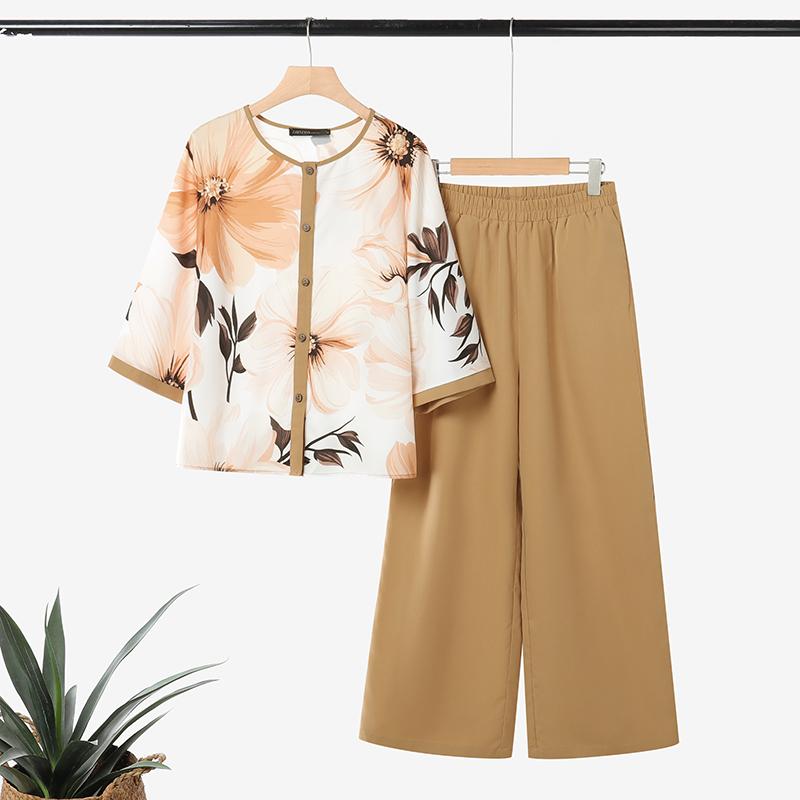 

ZANZEA Женский повседневный костюм-двойка: блузка с рукавом 3/4 и принтом и брюки 5XL хаки