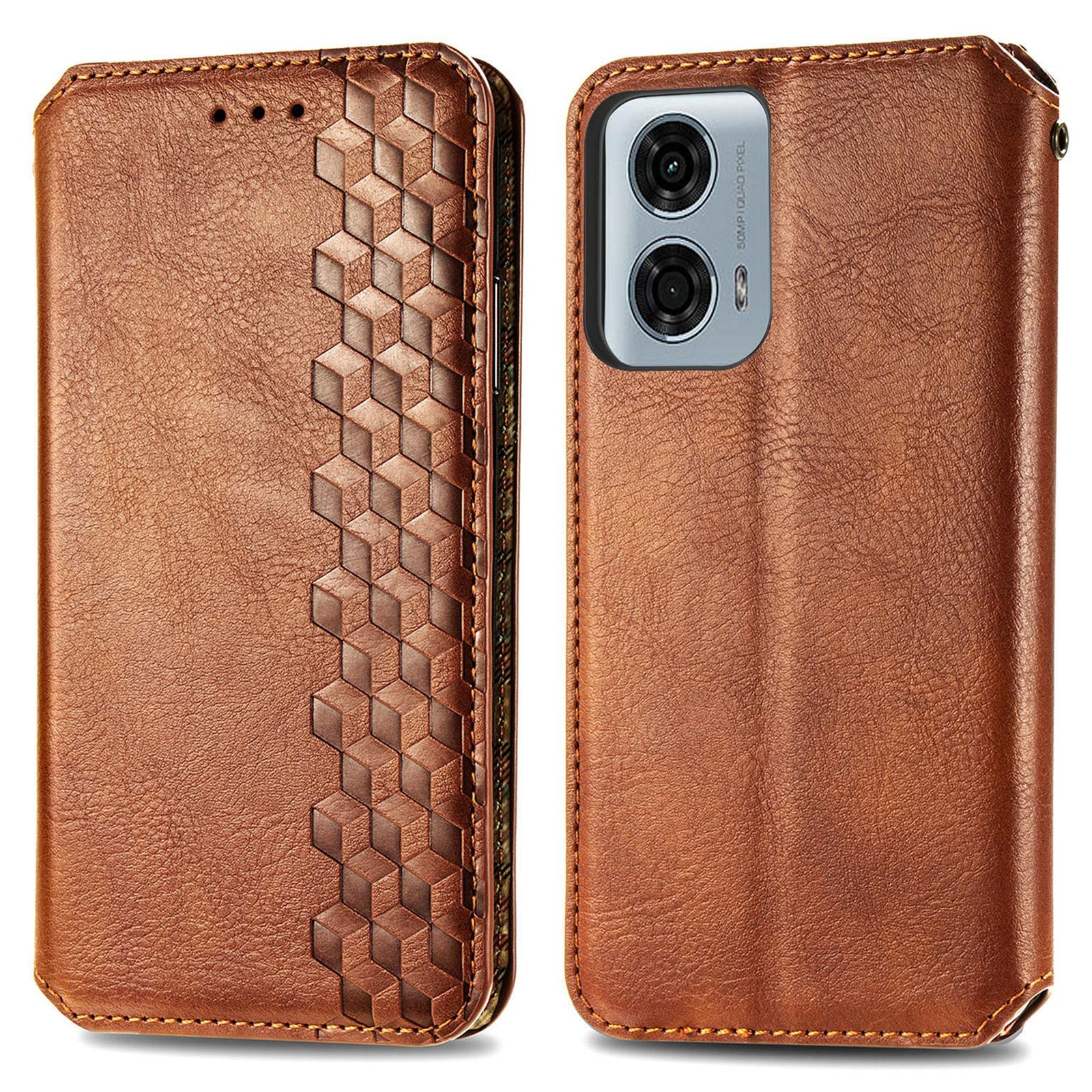 

For Motorola Moto G24 Power PU Leather Case Rhombus Imprint Wallet Stand Phone Cover Brown
