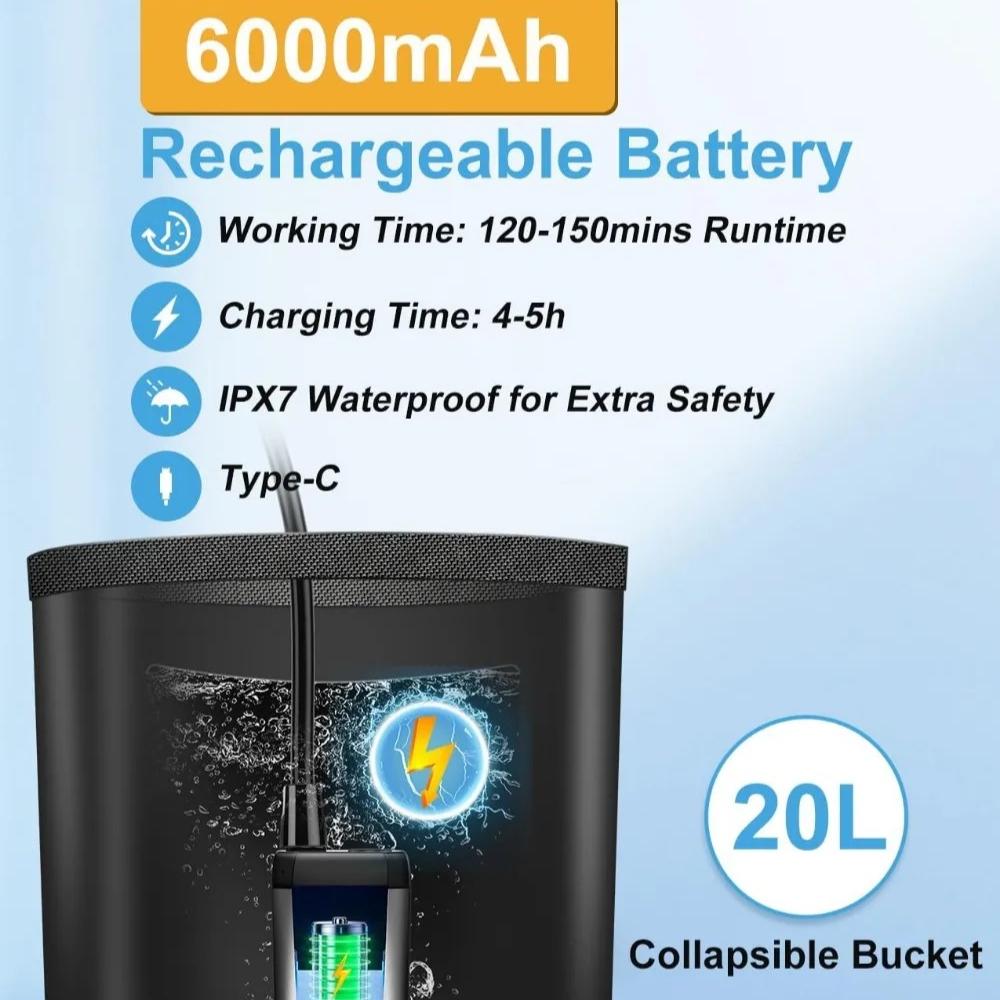 Portable Camping Shower with Rechargeable Pump - 6000mAh Outdoor Shower Kit W/ 20L Foldable Bag for Travel, Garden & Car Wash