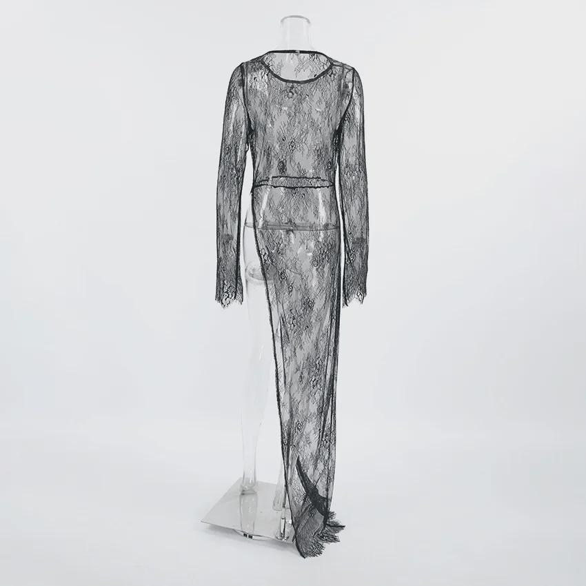 Schwarzes asymmetrisches Schlitzkleid aus Spitze: Europäische und amerikanische Frühjahrs-/Sommermode 2024