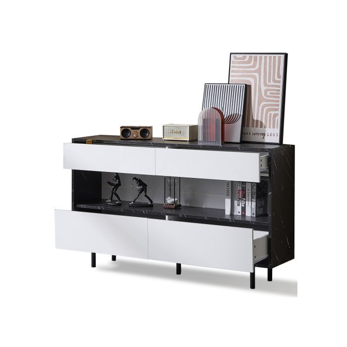 Buffet - MUVOE - 150x35x89,5 cm - Marbre noir - 4 tiroirs - Éclairage LED