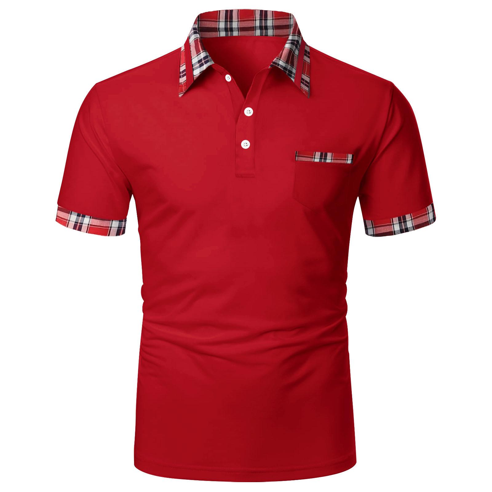HerSight Zomer top heren korte mouw basic poloshirts heren knoppen geruite patchwork kraag t-shirt XL rood